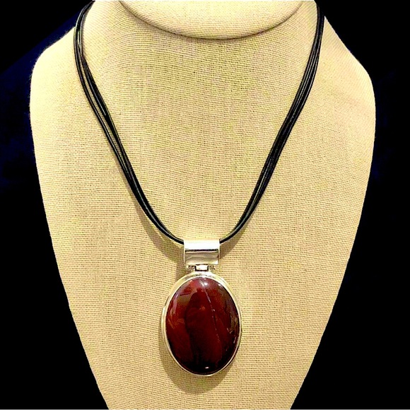 EXEX | CLAUDIA AGUDELO Carnelian Cabochon Sterling Silver Leather Necklace - Picture 1 of 6